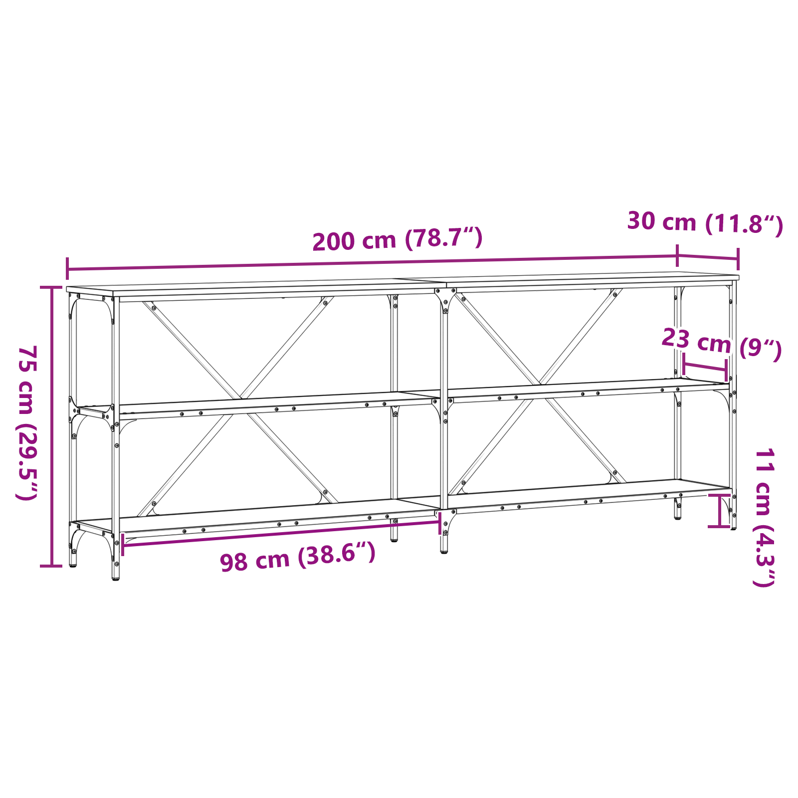 Tavolo Consolle In Rovere Artigianale 200x30x75 cm Legno Ingegnerizzato e Acciaio