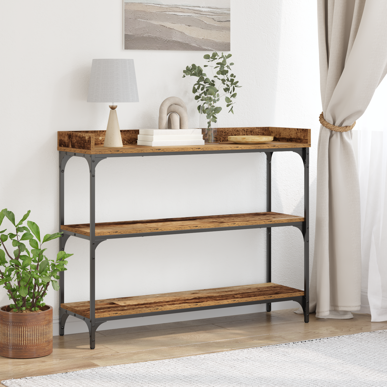 Console Table in Legno Antico 100x30x80 cm in Legno Ingegnerizzato e Acciaio