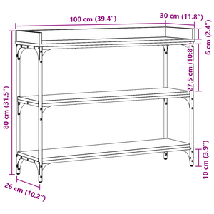 Tavolino Consolle Nero Rovere 100x30x80 cm Legno Ingenerizzato e Acciaio