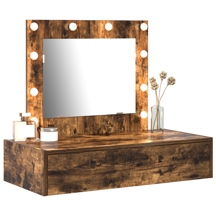 Tavolo da toeletta da parete con luci LED rovere affumicato