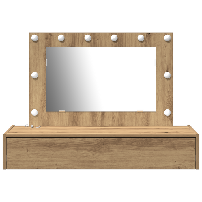 Tavolo da trucco appeso con luci LED in rovere artigianale