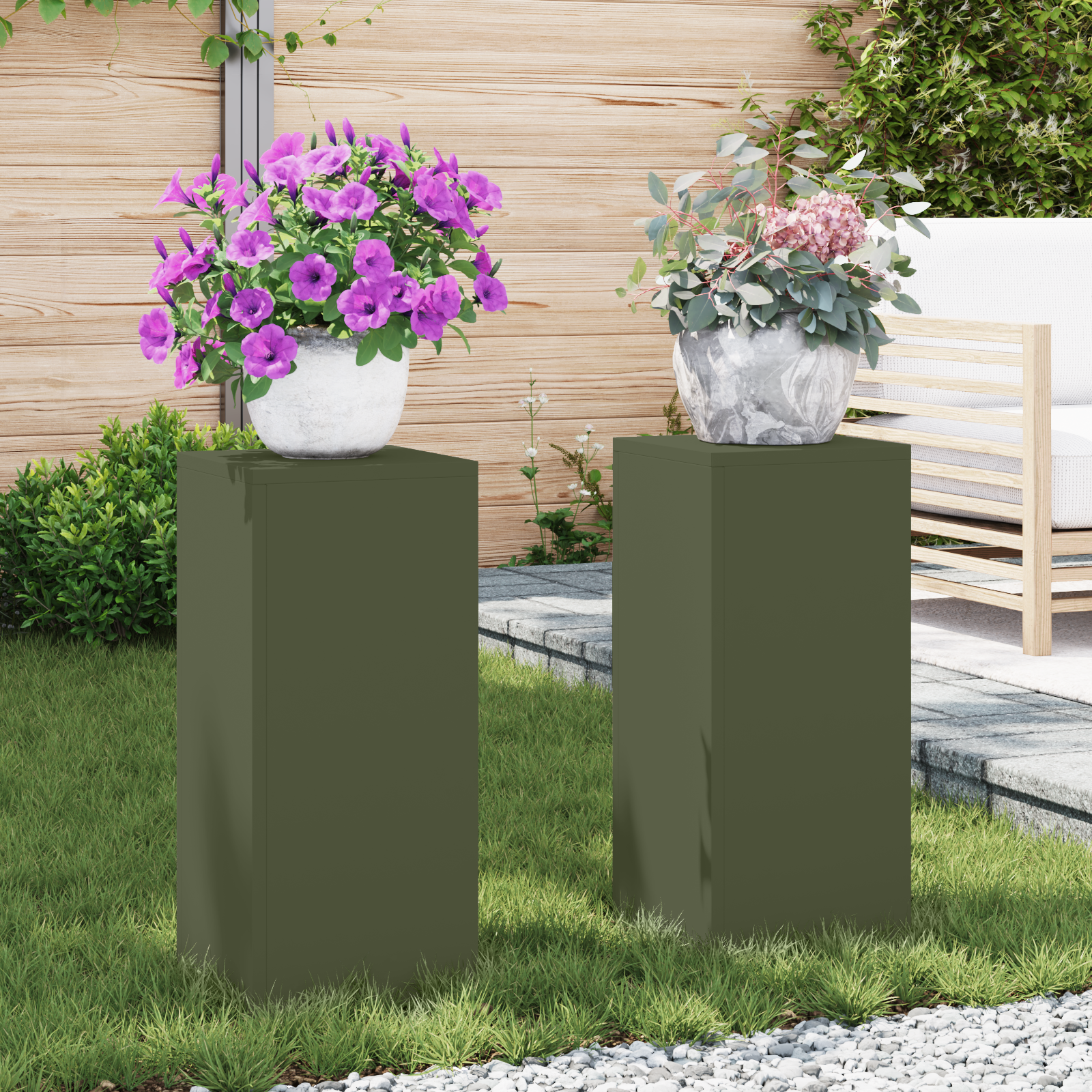 Supporti per Piante da Esterno Pillar 2 pz Verde Oliva 24x24x55 cm Acciaio