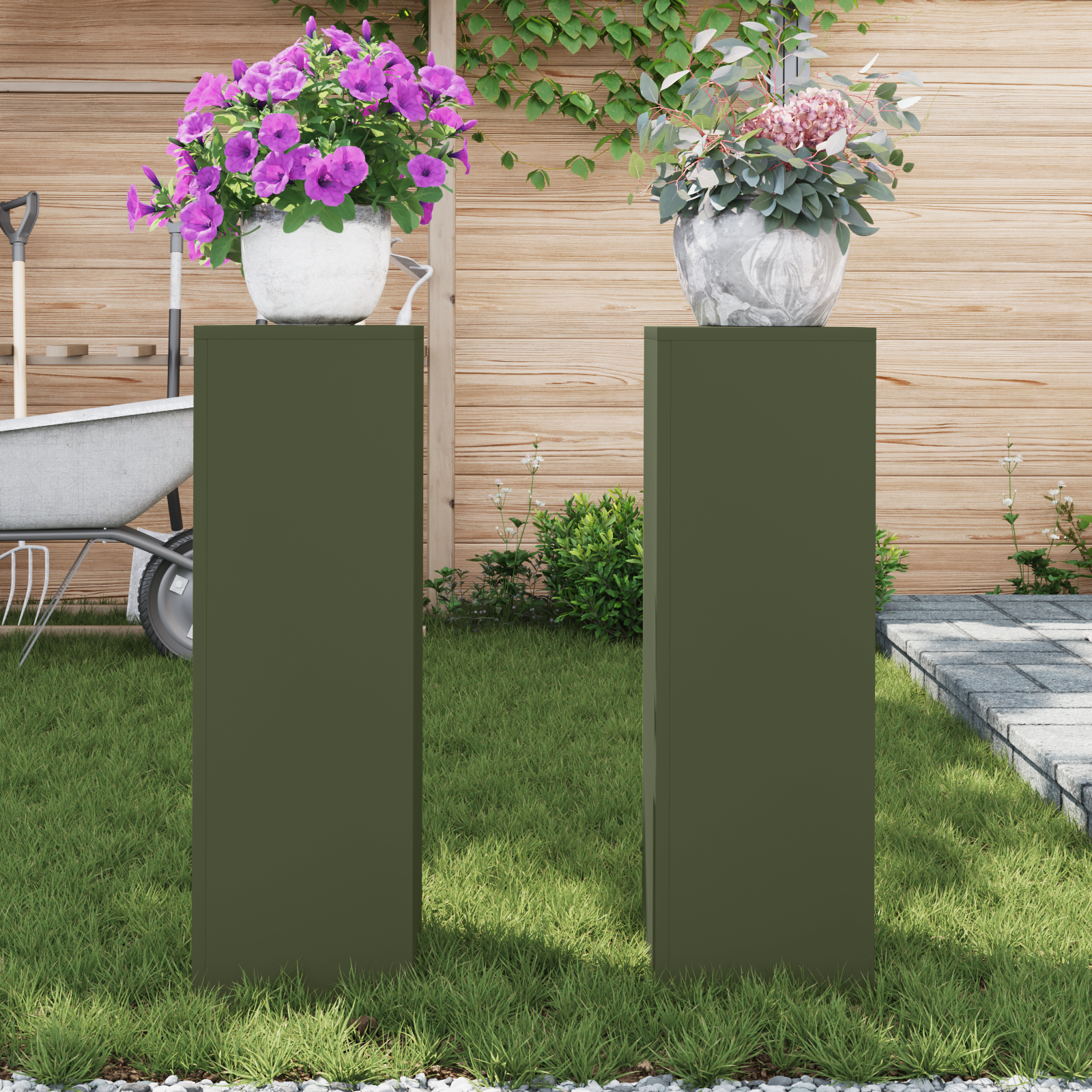 Supporti per Piante da Esterno Pillar 2 pcs Verde Oliva 24x24x75 cm Acciaio