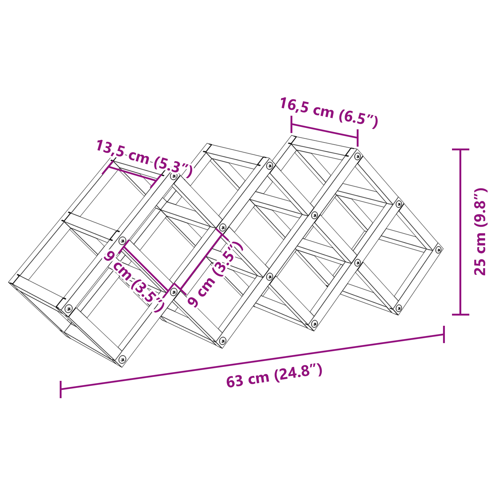 Scaffale per vino  da 9 bottiglie 63x16,5x25 cm in acciaio rivestito