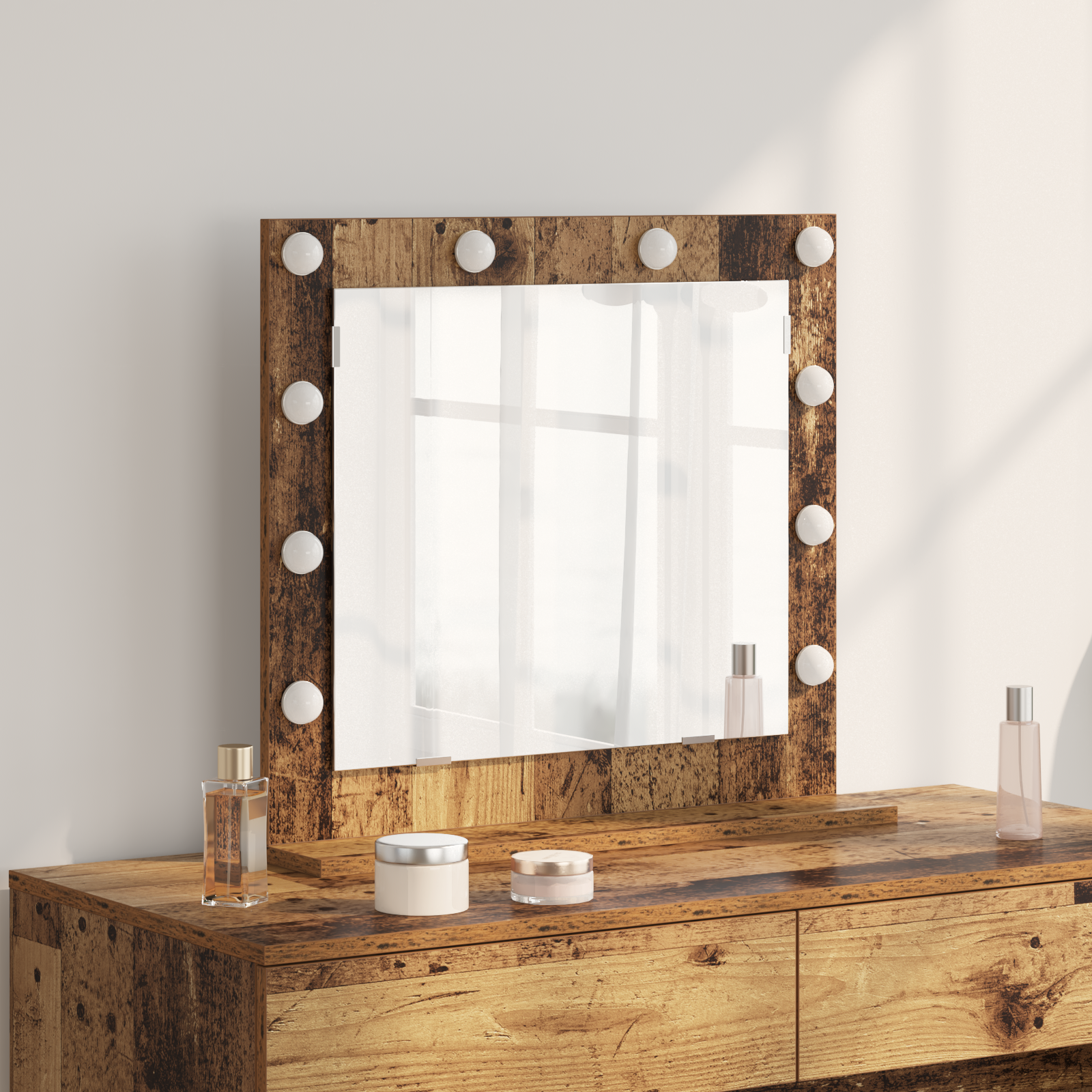 Specchio Vanity con Luci LED Legno Antico 60x55x18 cm
