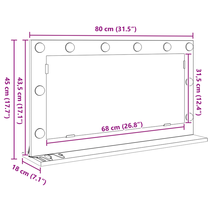 Specchio da toeletta con luci a LED Frassino Nero 80x45x18 cm