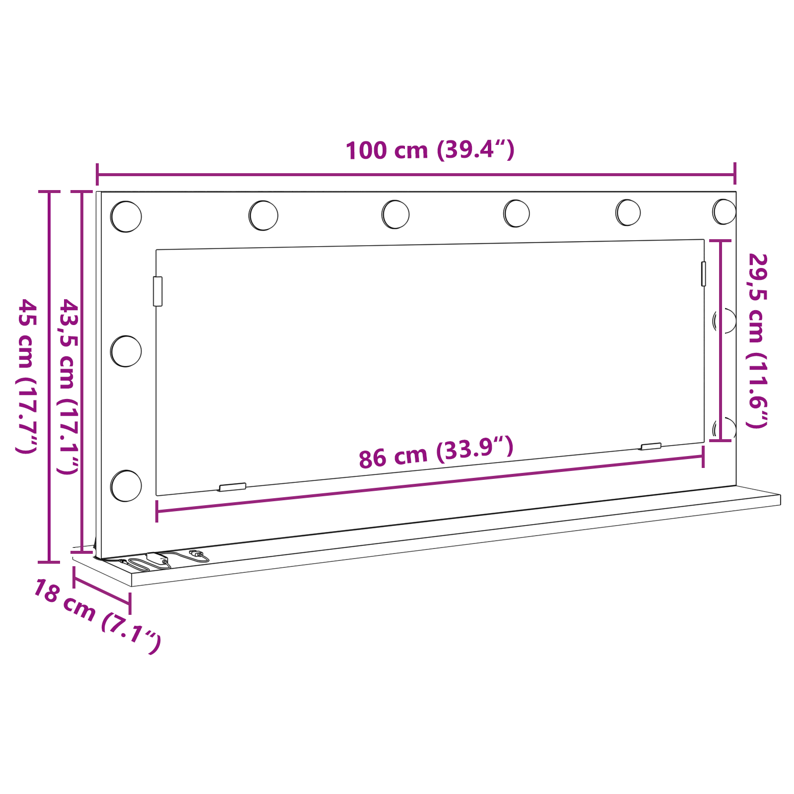 Specchio da toeletta con luci LED Grigio cemento 100x45x18 cm