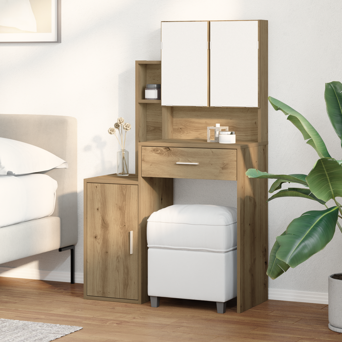 Toeletta con Specchio e LED in Legno Ingegnerizzato Rovere Artigianale