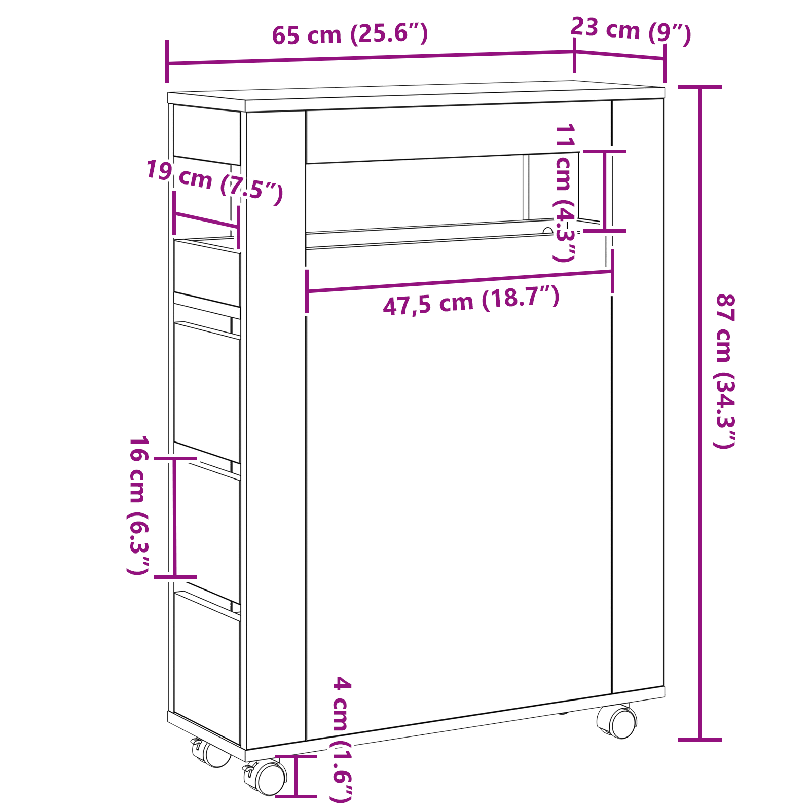Armadio da bagno stretto con ruote Rovere nero Legno ingegnerizzato