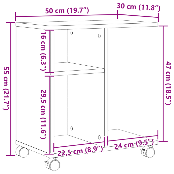 Tavolino con Ruote Nero Rovere 50x30x55 cm in Legno Ingegnerizzato