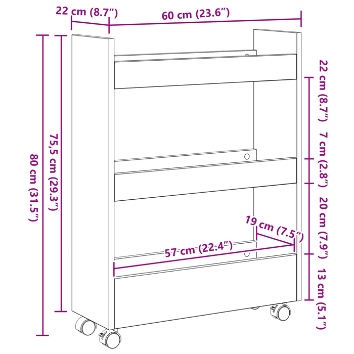 Carrello di Stoccaggio Stretto a 3 Ripiani in Rovere Nero Legno Ingegnerizzato