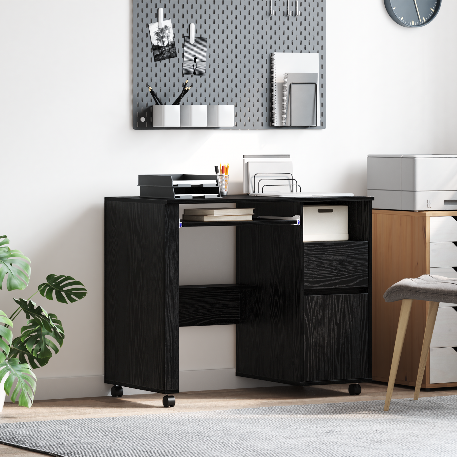 Scrivania in Rovere Nero Rovere Nero Legno ingegnerizzato, Metallo