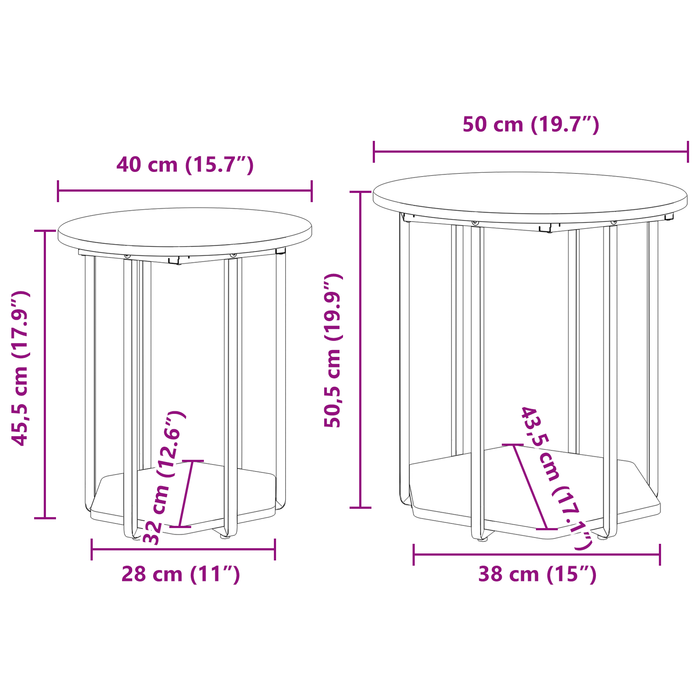 Tavolino 2 pezzi Nero Rovere Legno Ingegnerizzato e Metallo