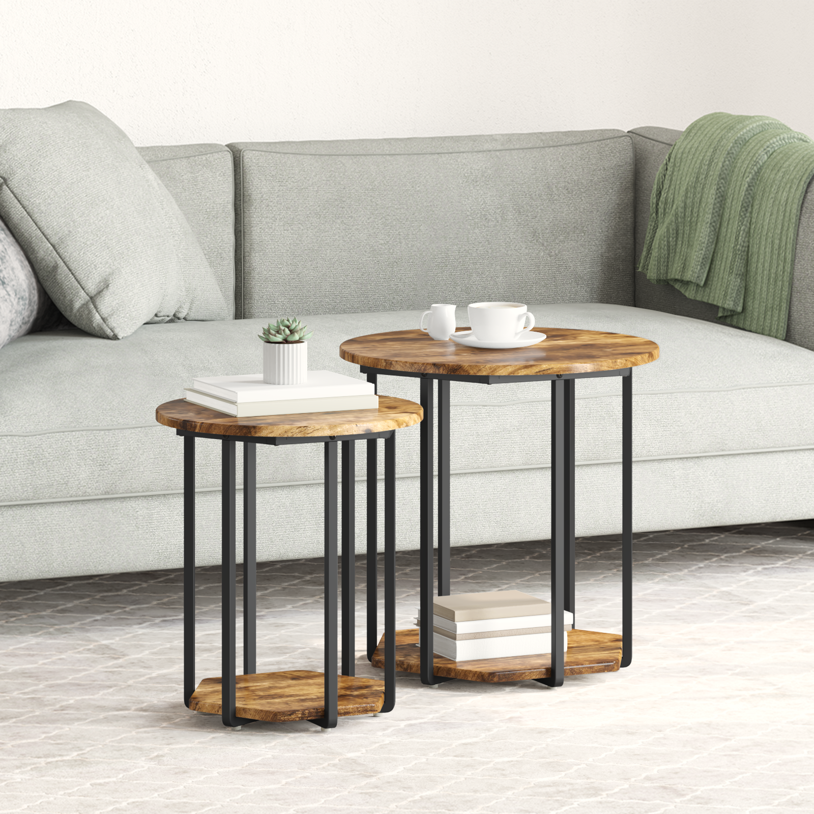 Tavolino 2 pz Rovere Affumicato in Legno Compatto e Metallo