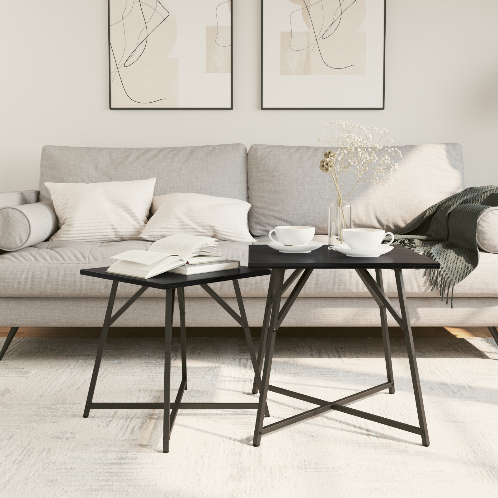 Tavolino  2 pezzi Nero Rovere in Legno Ingegnerizzato e Metallo