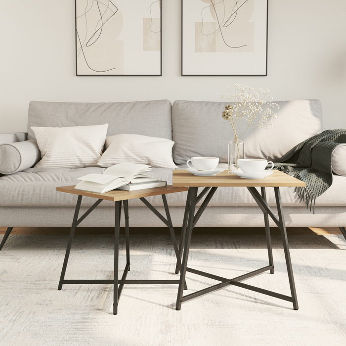 Set di 2 Tavoli in Rovere Artigianale con Legno Ingegnerizzato e Metallo