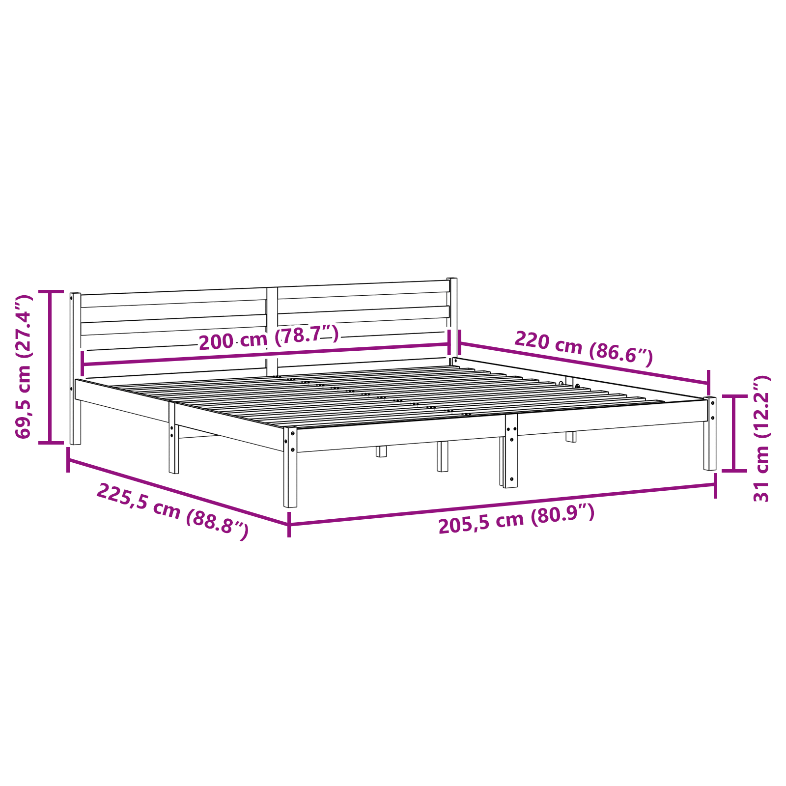 Letto  con testata 200x220 cm in legno massello di pino