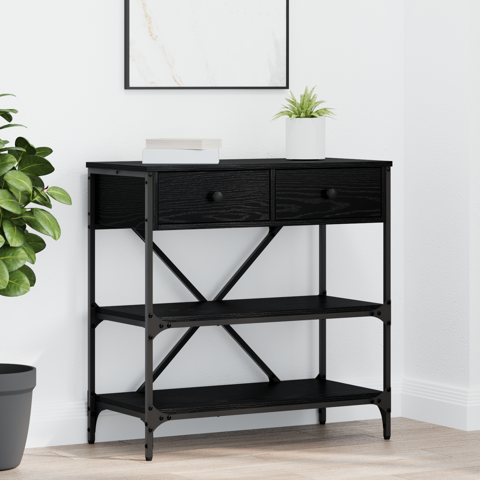 Tavolo Console Rovere Nero 75x34.5x75 cm Legno Compatto