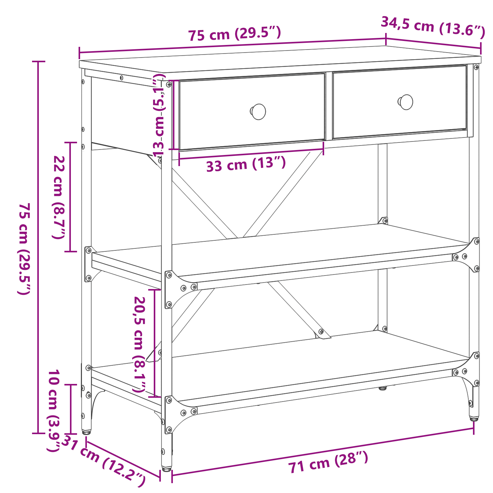Tavolo Console Rovere Nero 75x34.5x75 cm Legno Compatto