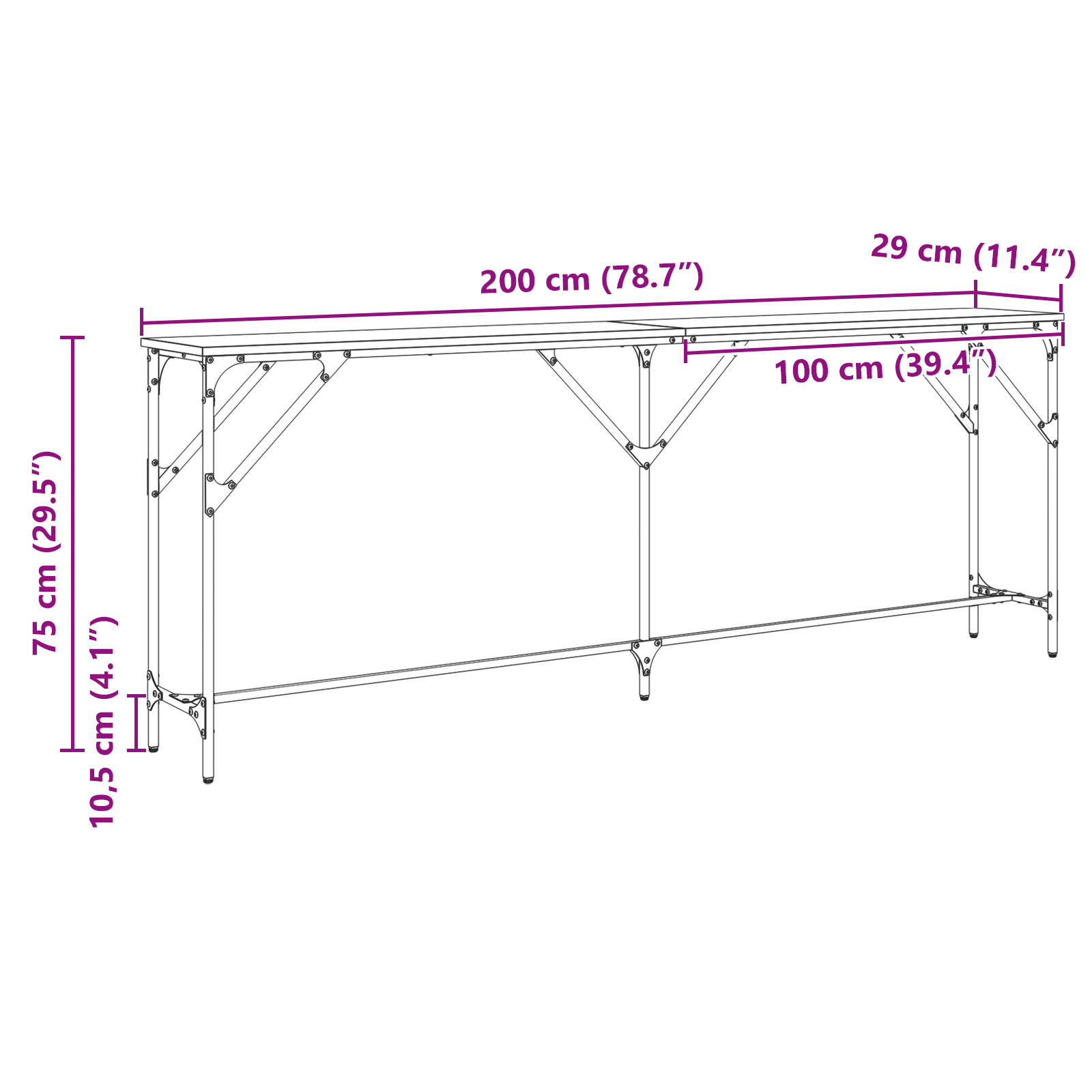 Tavolo Consolle Rovere Artigianale 200x29x75 cm Legno Ingegnerizzato