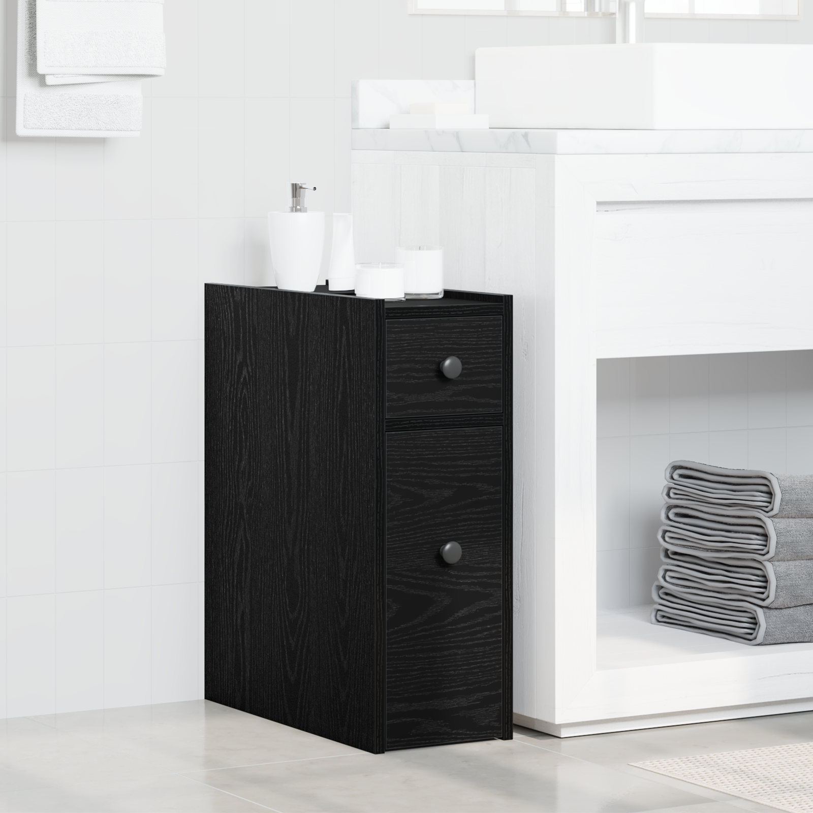 Armadio da bagno stretto con ruote in rovere nero legno ingegnerizzato