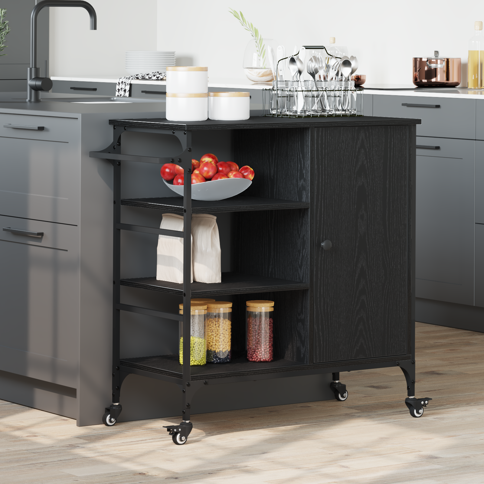 Trolley cucina Rovere Nero 87,5x38,5x84,5 cm Legno ingegnerizzato