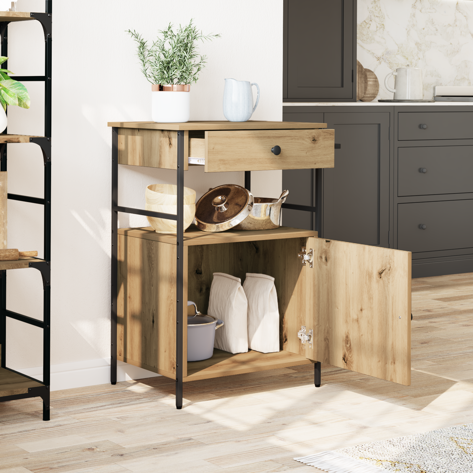 Carrello da Cucina Rovere Artigianale 56x43x89.5 cm Legno Ingegnerizzato