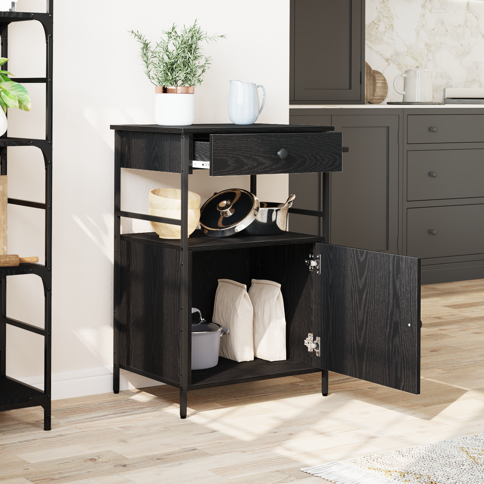 Carrello da Cucina Rovere Nero 56x43x89,5 cm Legno Ingegnerizzato