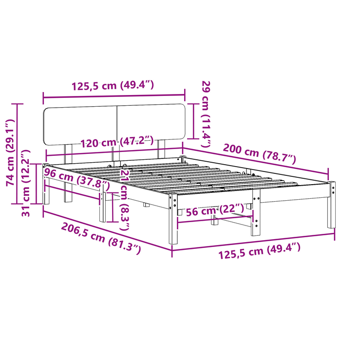Struttura Letto con Testiera 120x200 cm Legno Massello di Pino