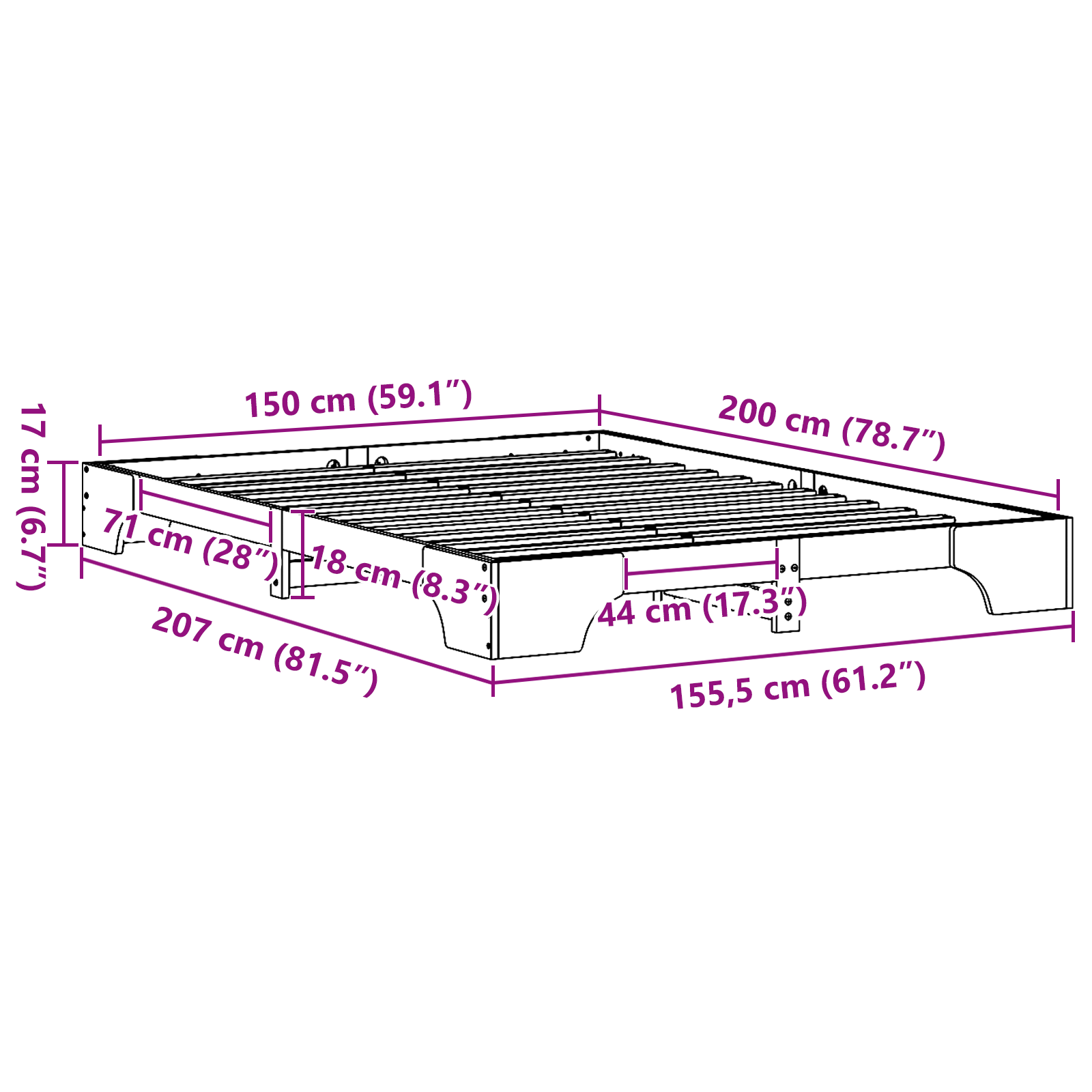 Rete letto Naturale Legno massello di pino King Size Durevole