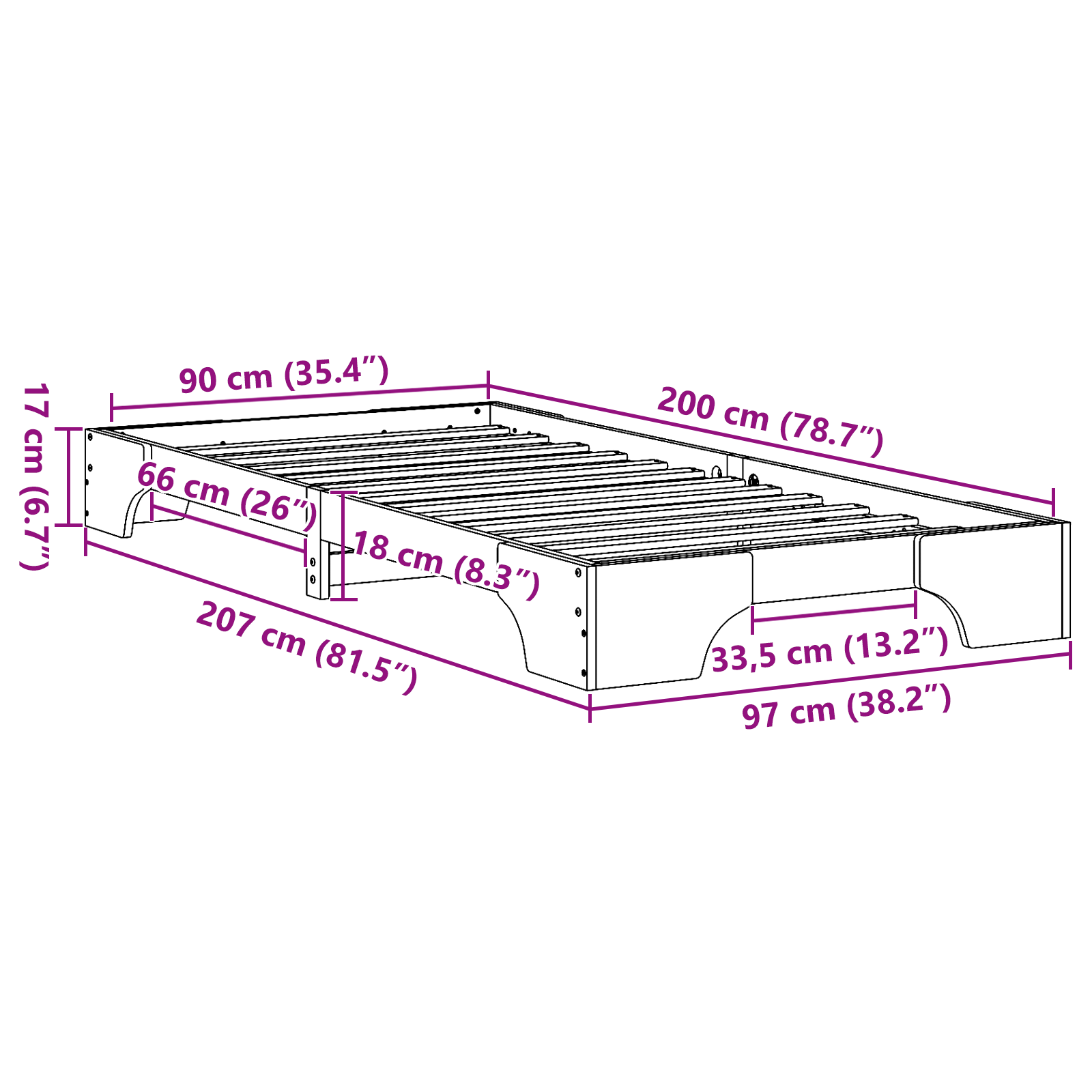 Struttura Letto Bianca Legno Massello di Pino Singolo