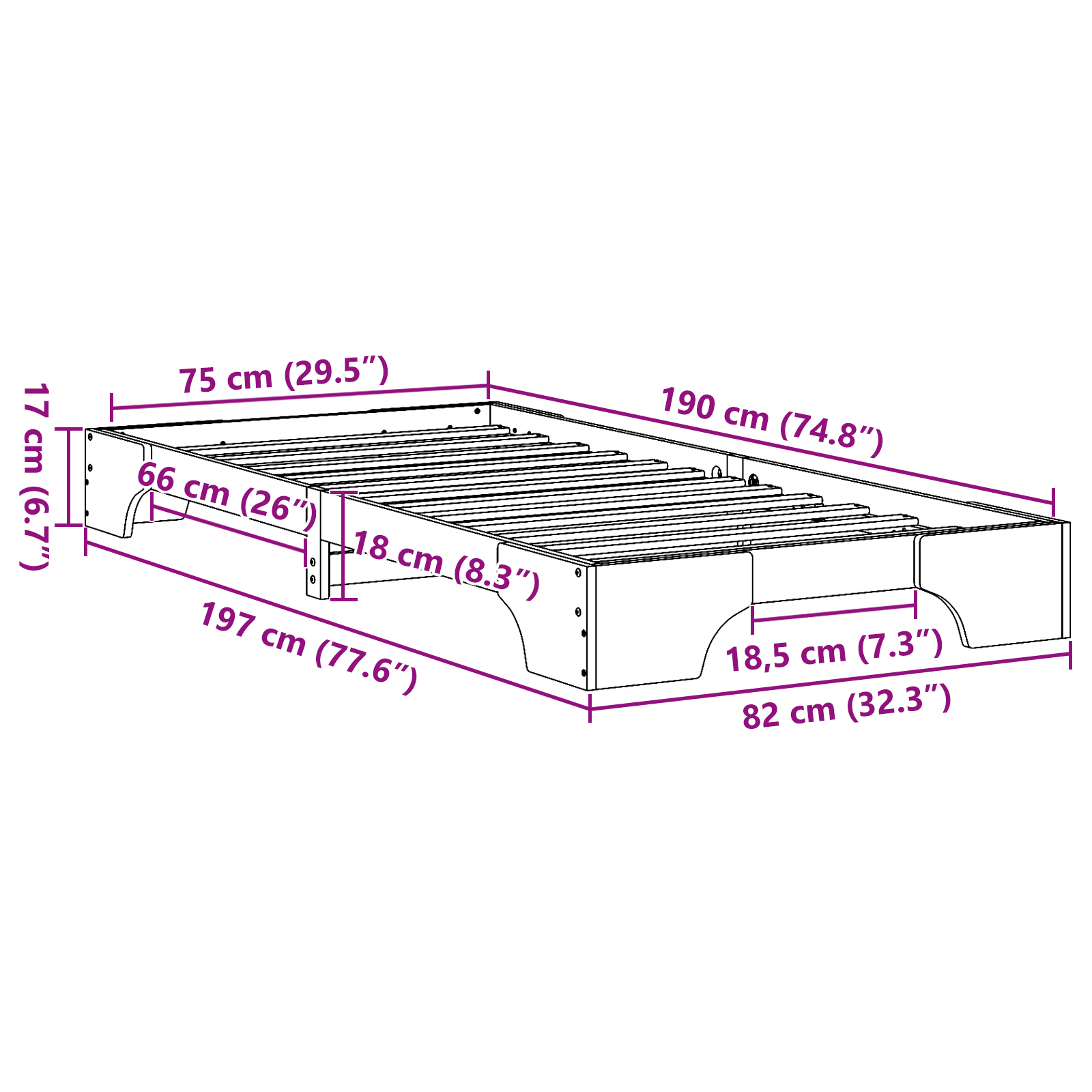 Rete Letto Bianca Legno massello di pino 75 x 190 cm Durevole