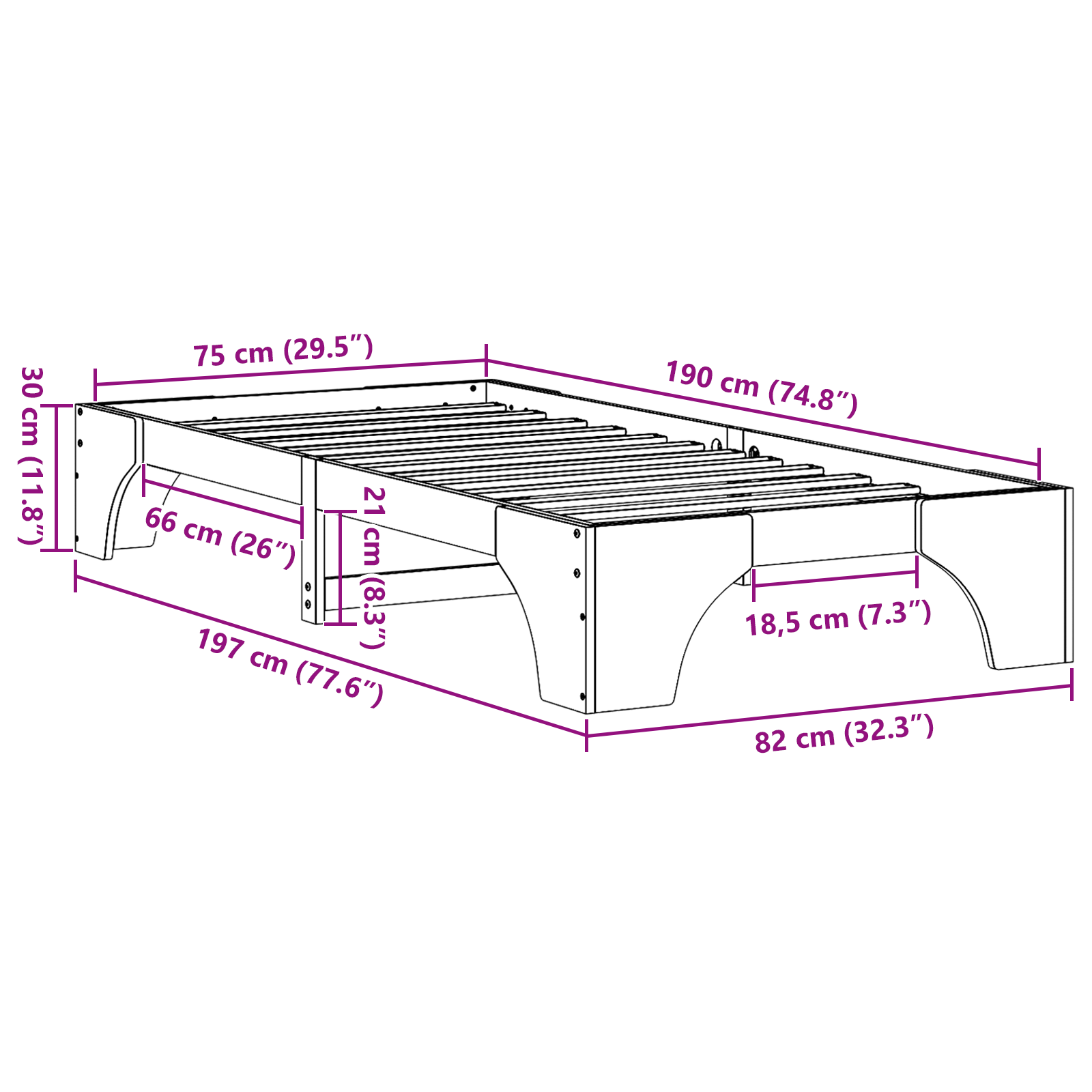 Letto Singolo Bianco Legno Massello di Pino 75 x 190 cm Moderno