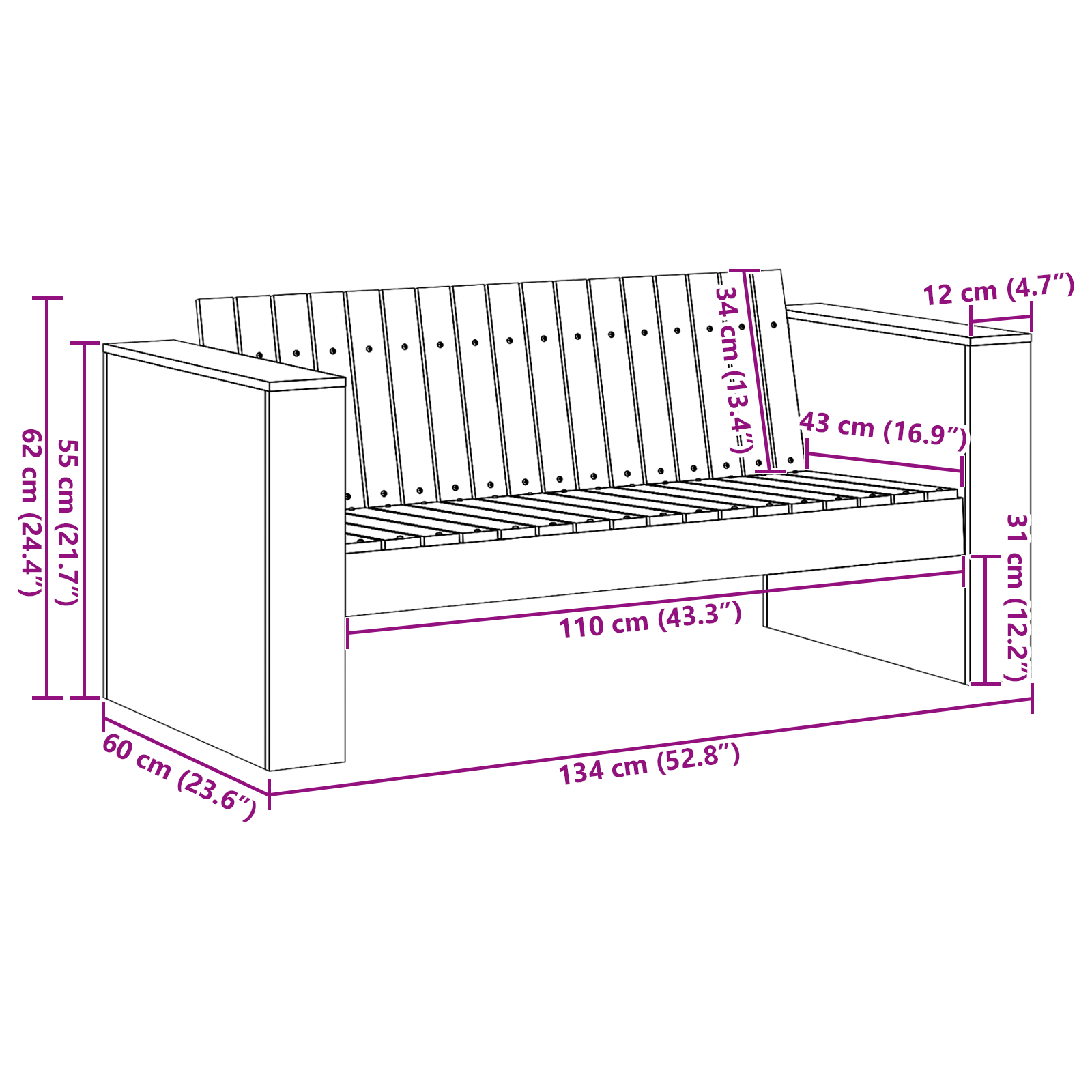 Divano da giardino 2 posti 134x60x62 cm Legno di pino trattato