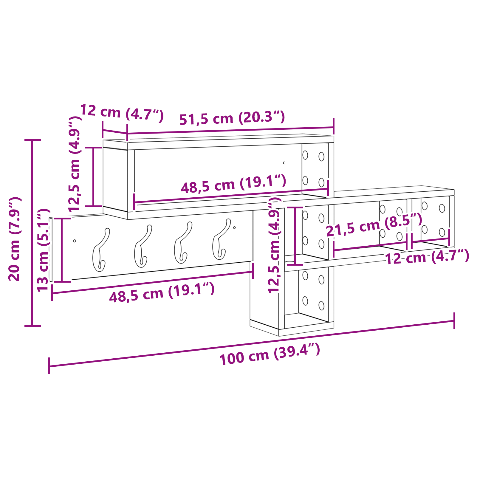 vidaXL Appendiabiti a muro rovere artigianale 100 x 12 x 43.5 cm