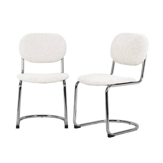 Set 2 sedie arrotondate metallo, tessuto bouclé e gambe cromate, beige