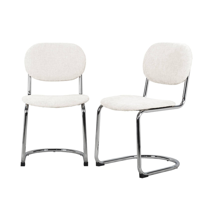 Set 2 sedie arrotondate metallo, tessuto bouclé e gambe cromate, beige