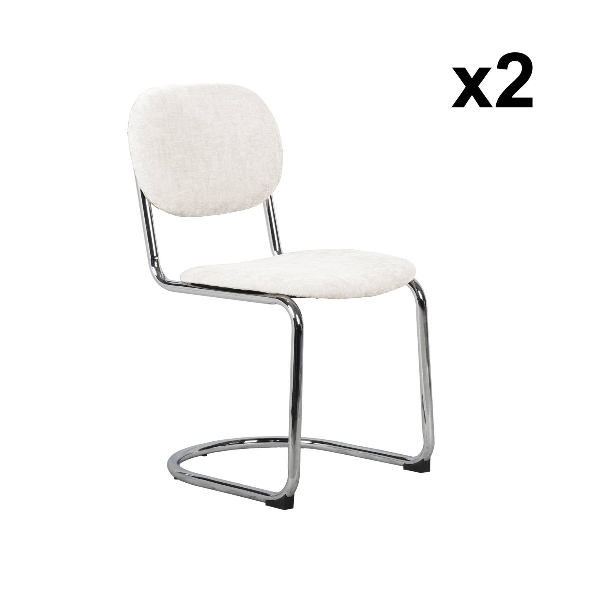 Set 2 sedie arrotondate metallo, tessuto bouclé e gambe cromate, beige
