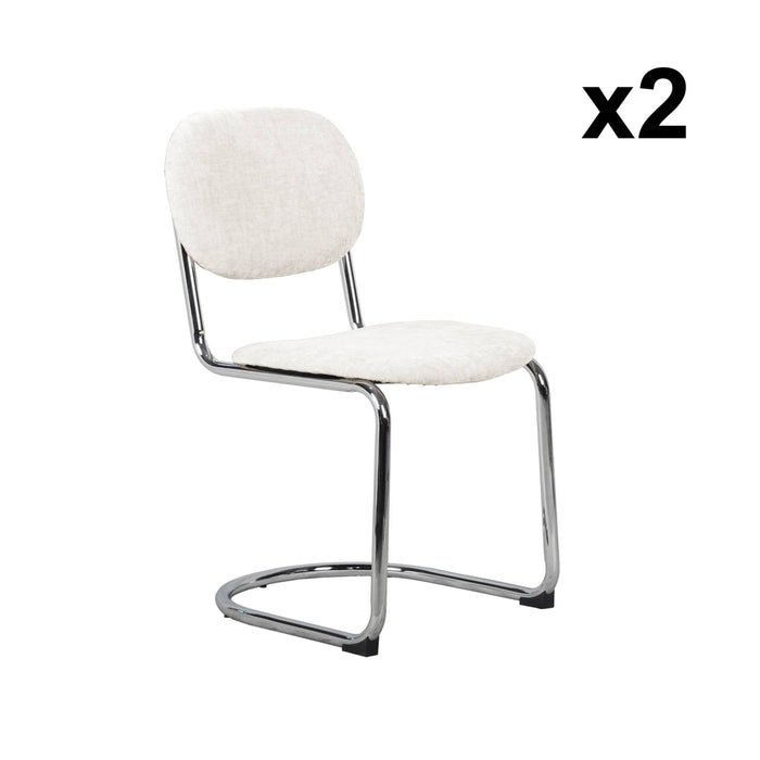 Set 2 sedie arrotondate metallo, tessuto bouclé e gambe cromate, beige