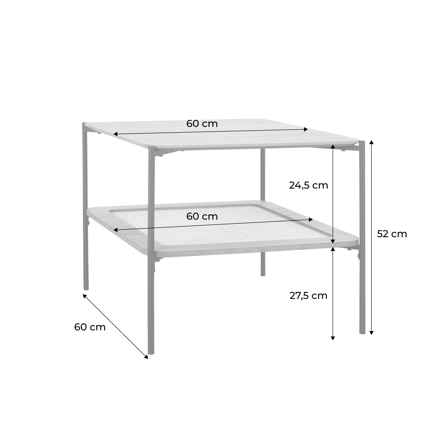 Tavolino quadrato con doppio piano effetto legno e canna da zucchero,