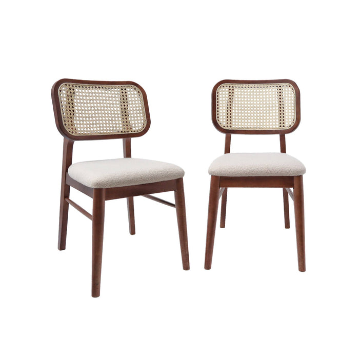 Set di 2 sedie vintage legno di hevea intrecciatura e bouclé, marrone