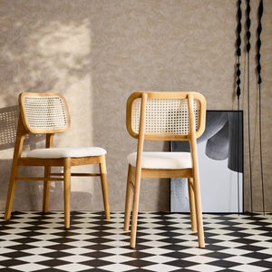 Sedie in legno di hevea, canna e tessuto, set di 2, quercia