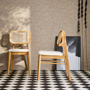 Sedie in legno di hevea, canna e tessuto, set di 2, quercia