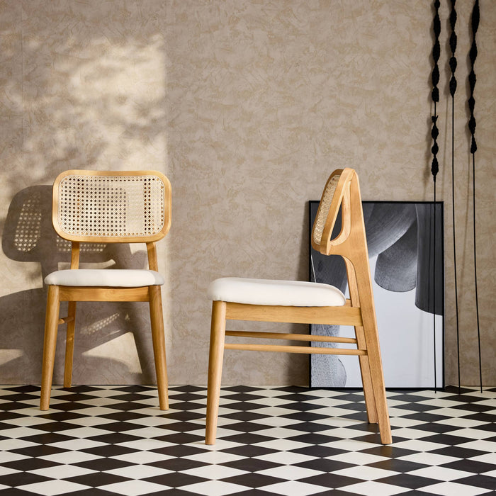 Sedie in legno di hevea, canna e tessuto, set di 2, quercia