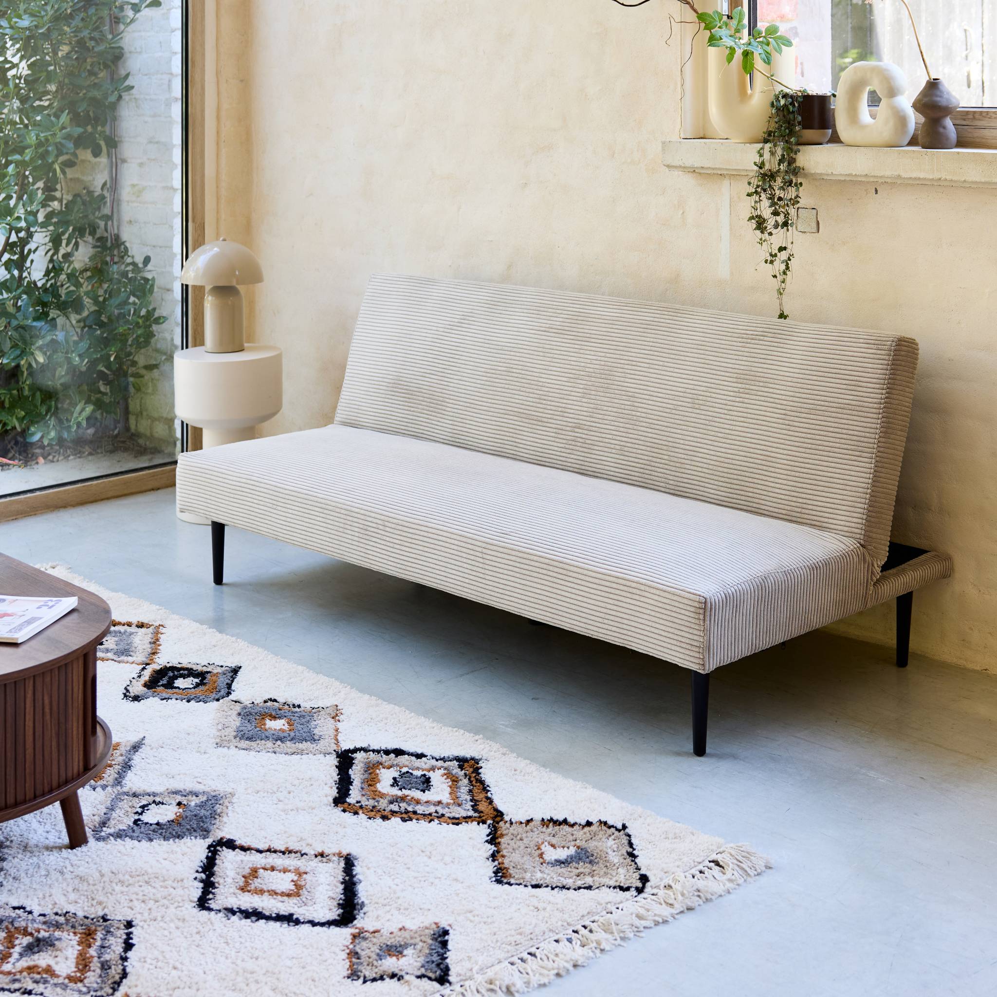 Divano panchina letto 3 posti velluto a coste piedistallo metallo,