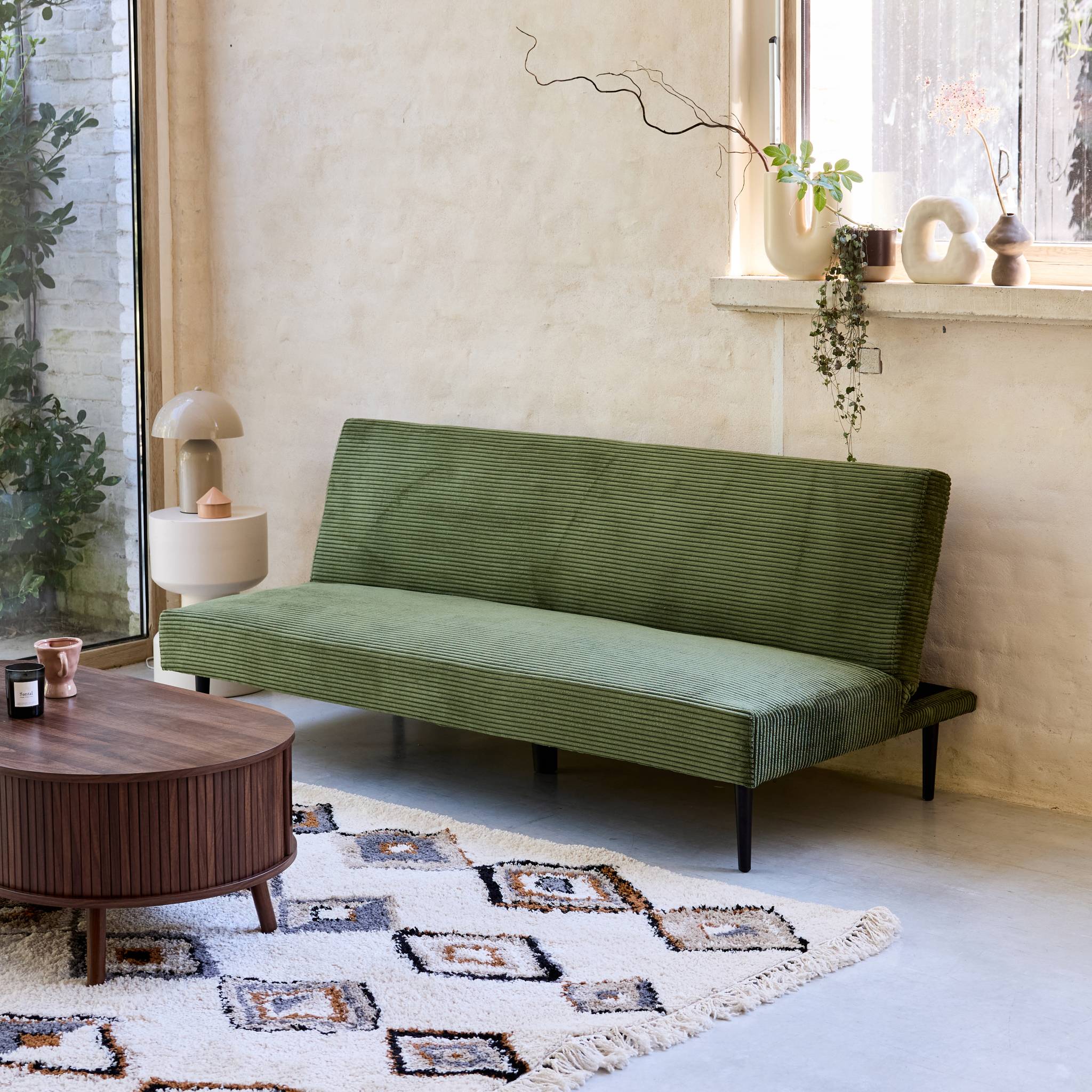 Divano panchina letto 3 posti velluto a coste piedistallo metallo,