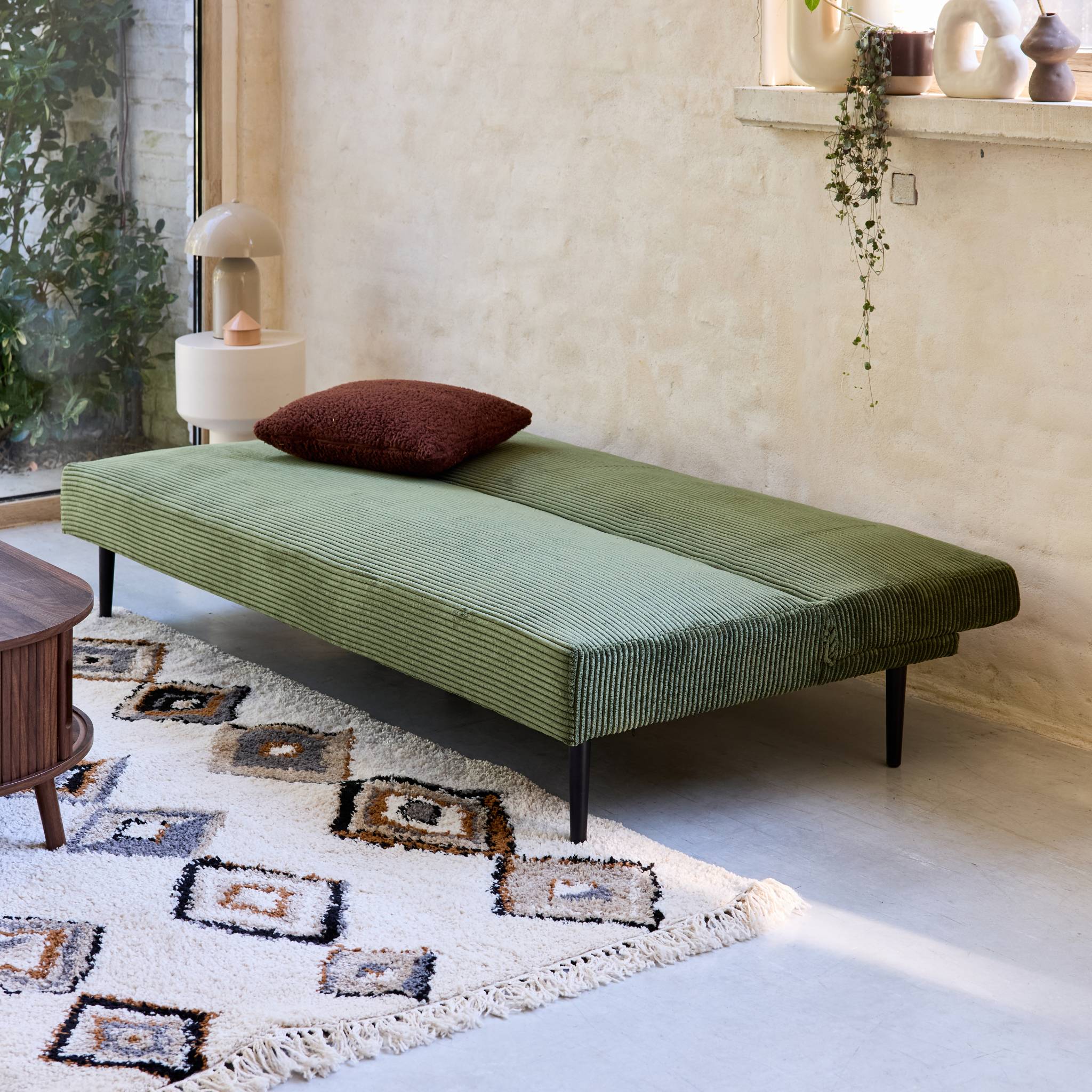 Divano panchina letto 3 posti velluto a coste piedistallo metallo,