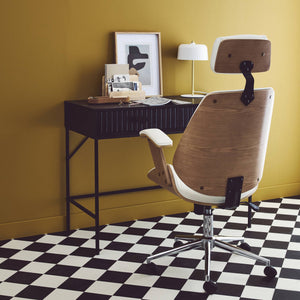 Sedia da ufficio con rotelle, effetto legno curvato e similpelle,