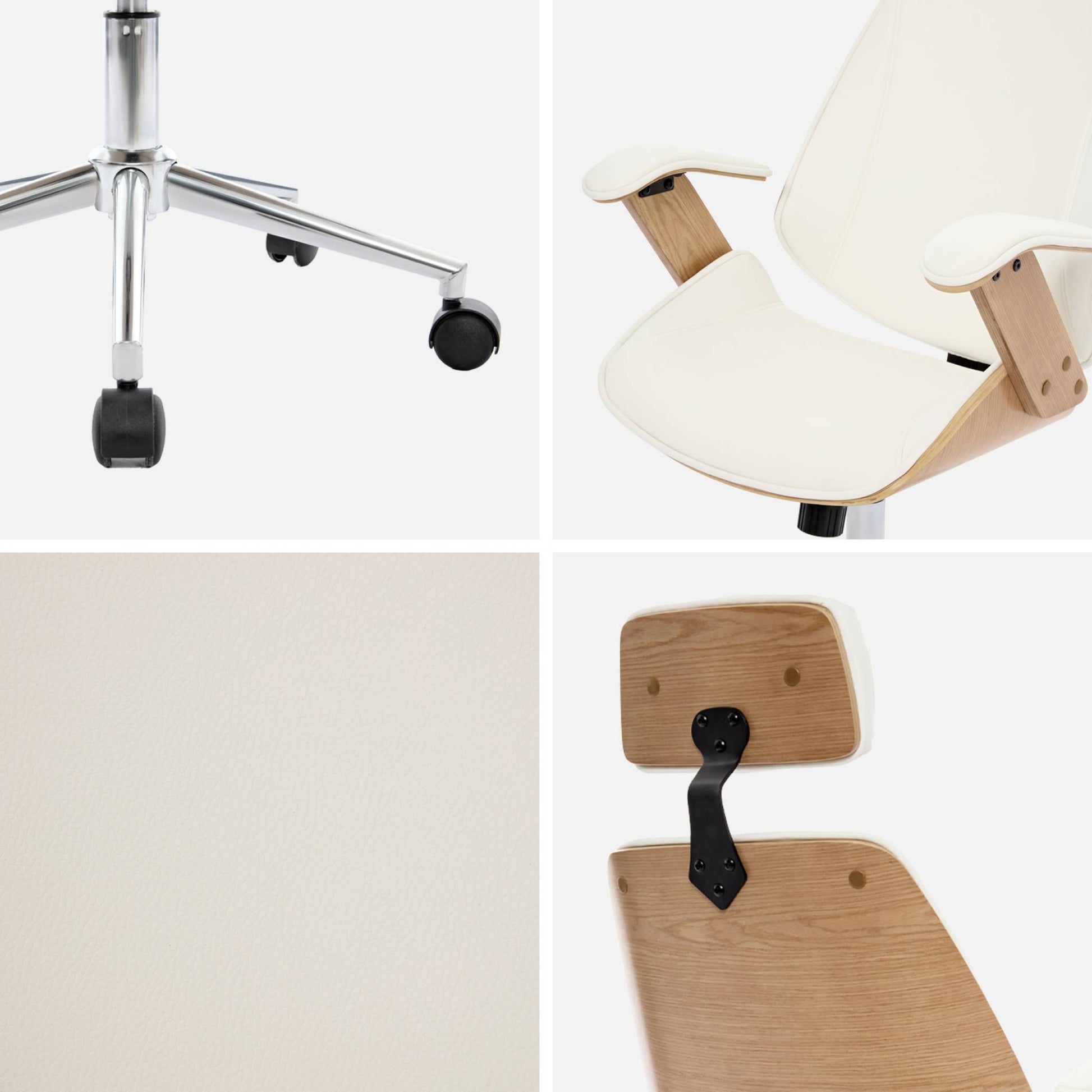 Sedia da ufficio con rotelle, effetto legno curvato e similpelle,