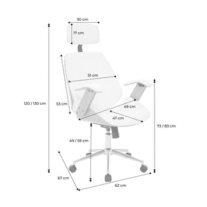 Sedia da ufficio con rotelle, effetto legno curvato e similpelle,
